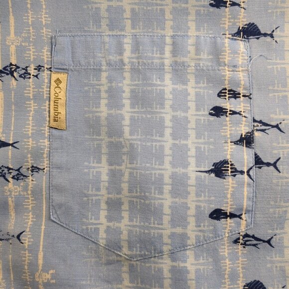 Columbia Mens PFG Shirt L Blue Button Up Fishing Short Sleeve Marlin Tuna Fish - Picture 5 of 13